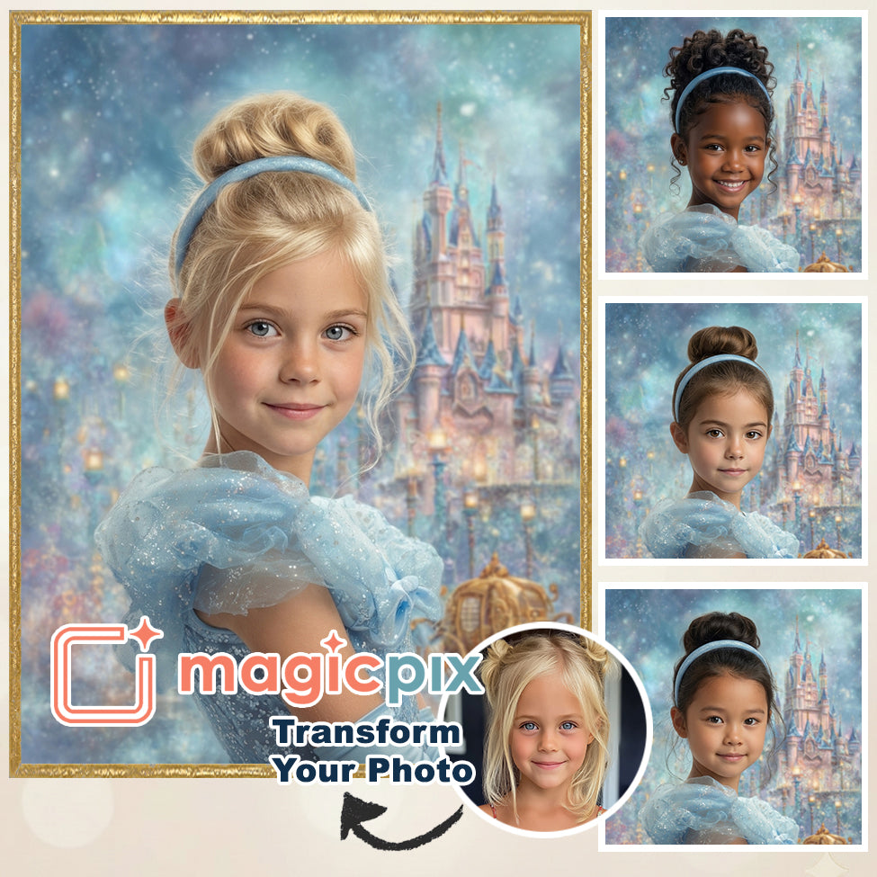 Custom Cinderella Princess Portrait | Blue Gown Castle Scene