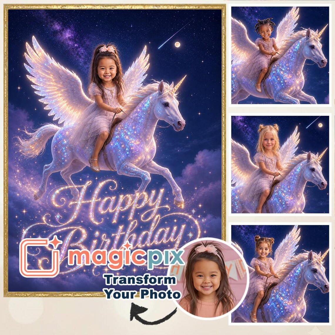 Unicorn Birthday Girl Portrait | Magical Pegasus Princess
